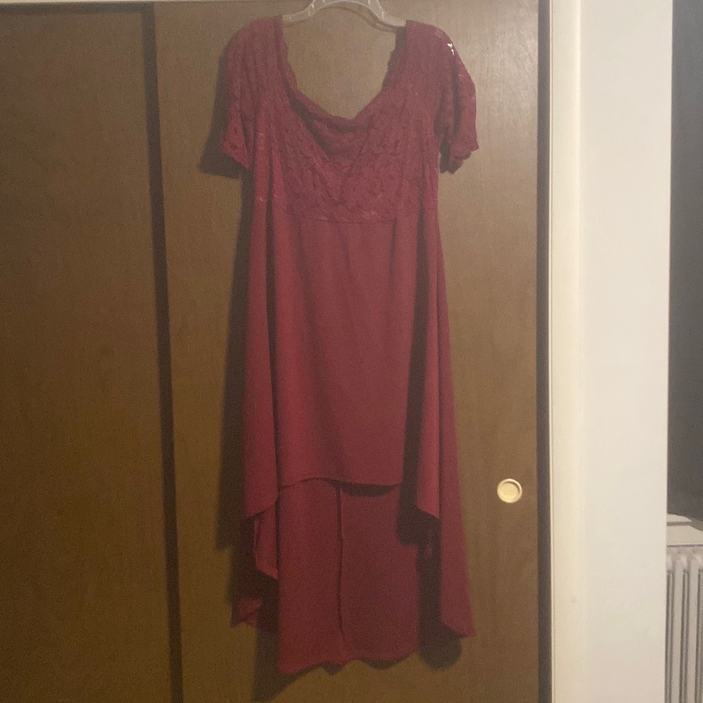 Off the shoulder, high low red dress